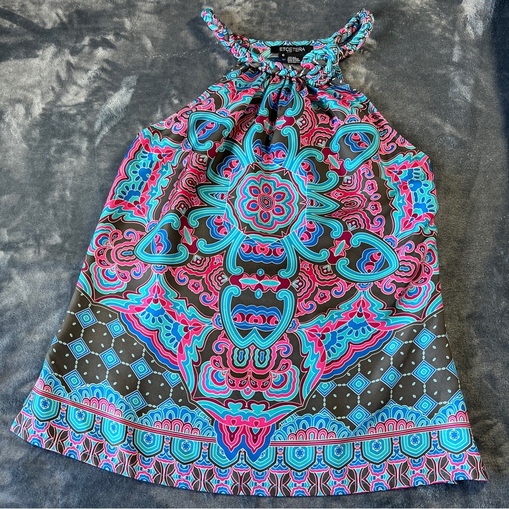 Etcetera Women Silk Halter Top Sz 6 Multicolor Boho Print Braided Knott Neckline